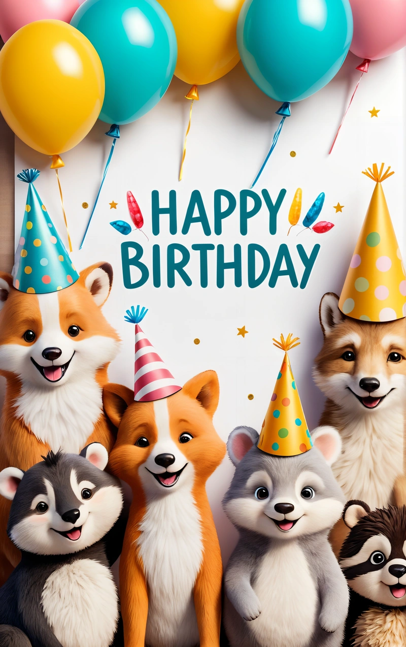 A group of stuffed animals wearing party hats and balloons with a happy Birthday sign in the background with balloons and a sign that says happy Birthday, furry, a poster, furry art
