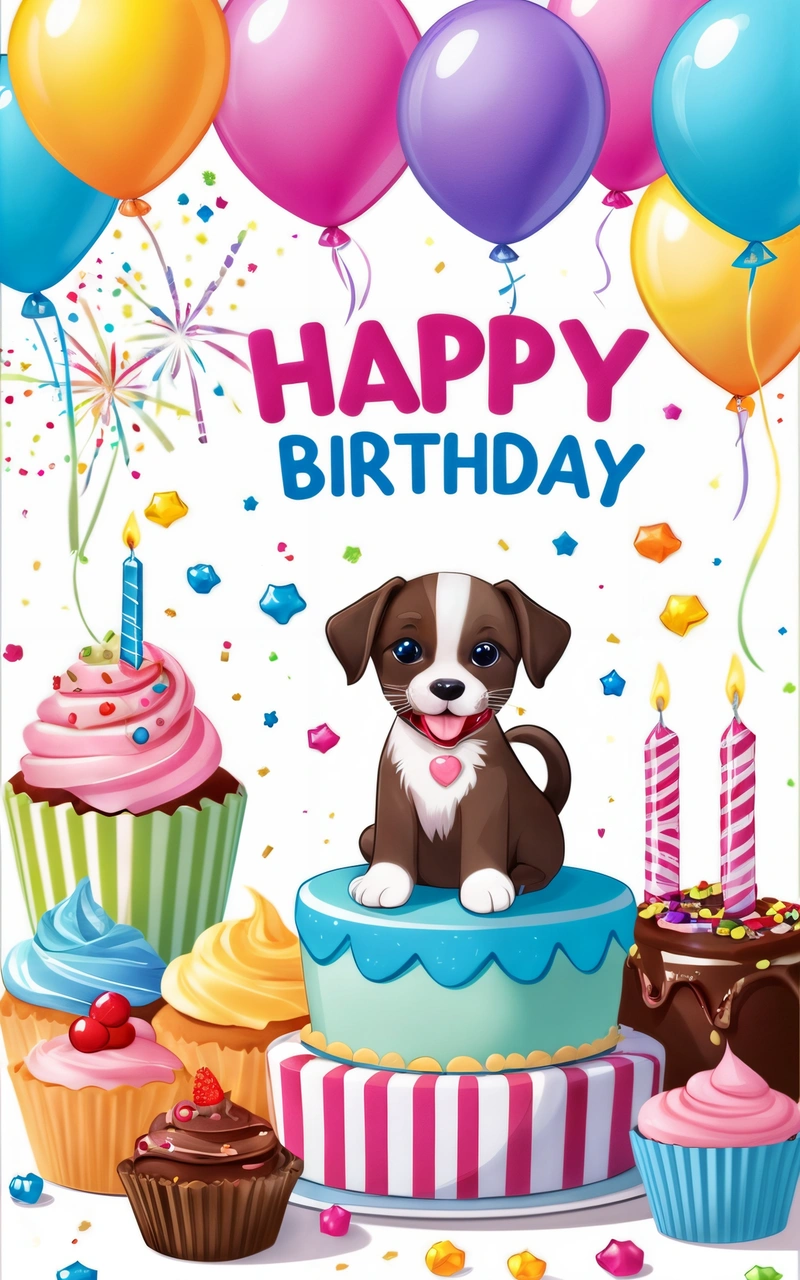 A Birthday card with a dog sitting on a cake surrounded by cupcakes and balloons with a happy Birthday message in the middle of the card, plain background, a pastel, naive art