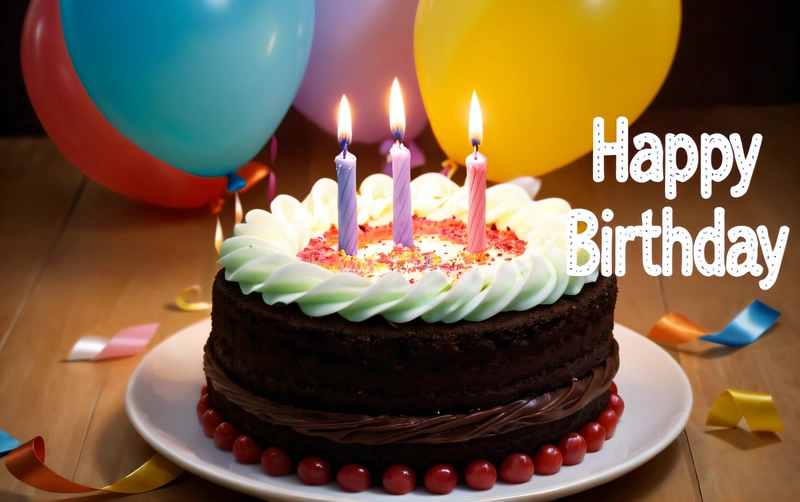 A Birthday cake with candles on it with balloons in the background and a happy Birthday message written on the top of the cake with the candles, plain background, a pastel, international typographic style