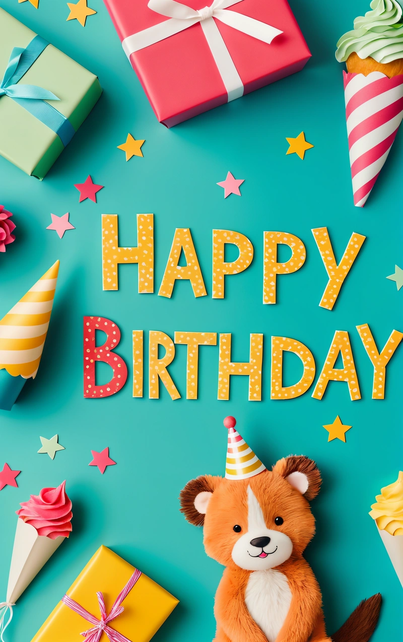 A Birthday card with a teddy bear and presents on a blue background with the words happy Birthday written in gold lettering on the card and a, plain background, a pastel, international typographic style