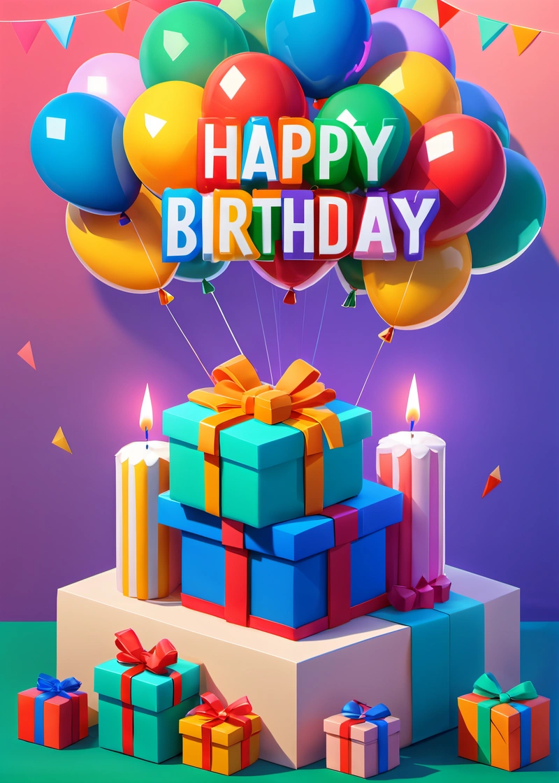 A Birthday card with a bunch of presents and balloons and a Birthday cake with a candle on top of it and a bunch of presents, affinity photo, a 3d render, net art
