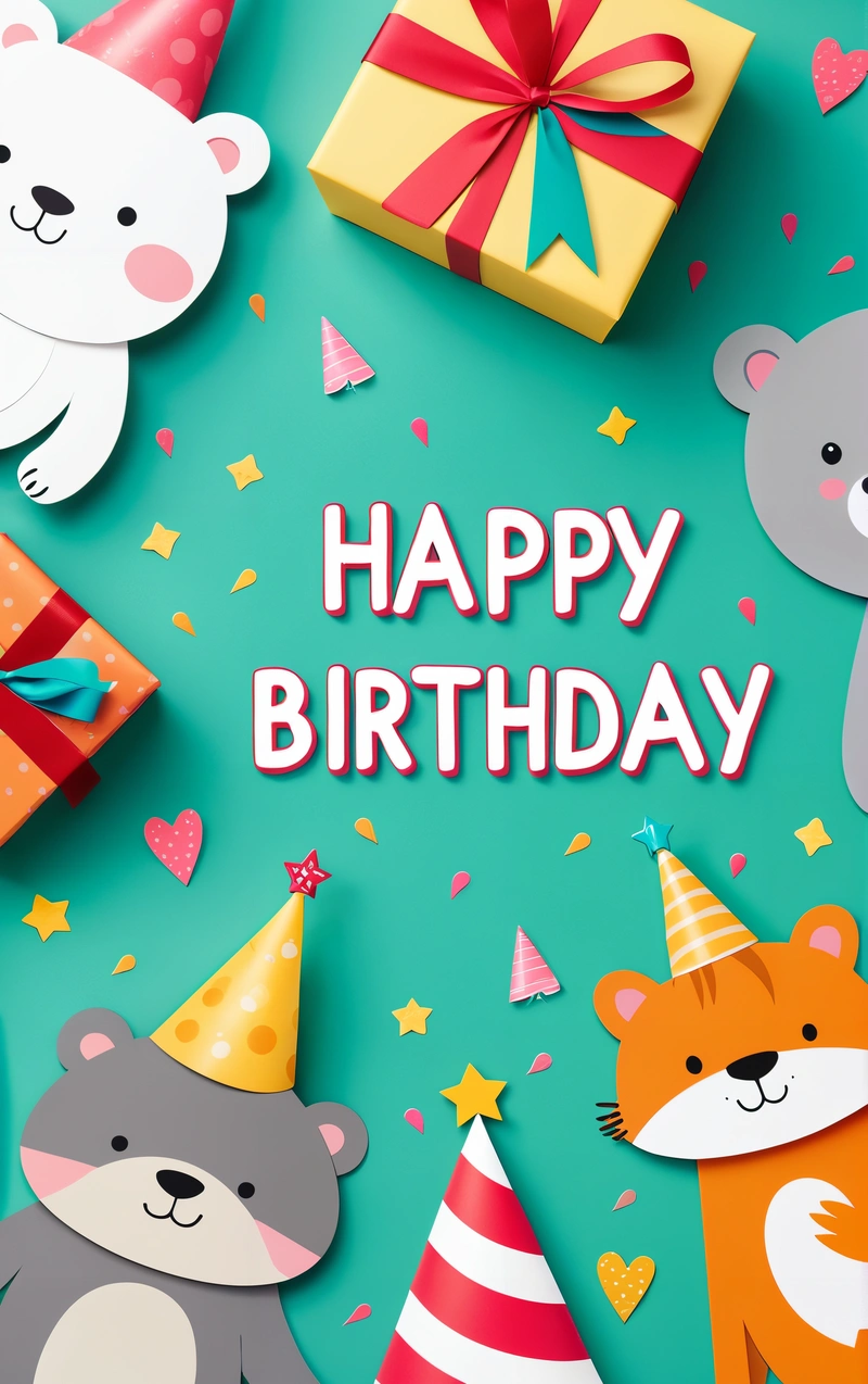 A Birthday card with a bear, bear, and bear on it's side and a gift box in the middle of the card, plain background, a pastel, naive art