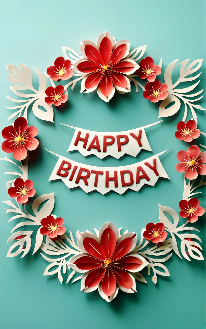A Birthday card with paper flowers and a happy Birthday banner on a blue background with a white string and a red flower on the bottom, paper texture, a pastel, international typographic style