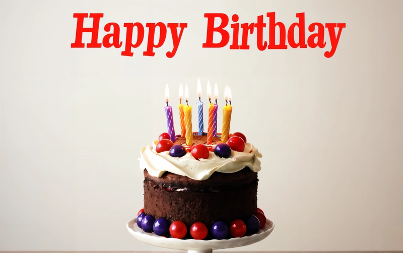 A Birthday cake with candles on it with a happy Birthday message on the top of it and a red and white banner behind it that says happy Birthday, plain background, a pastel, international typographic style