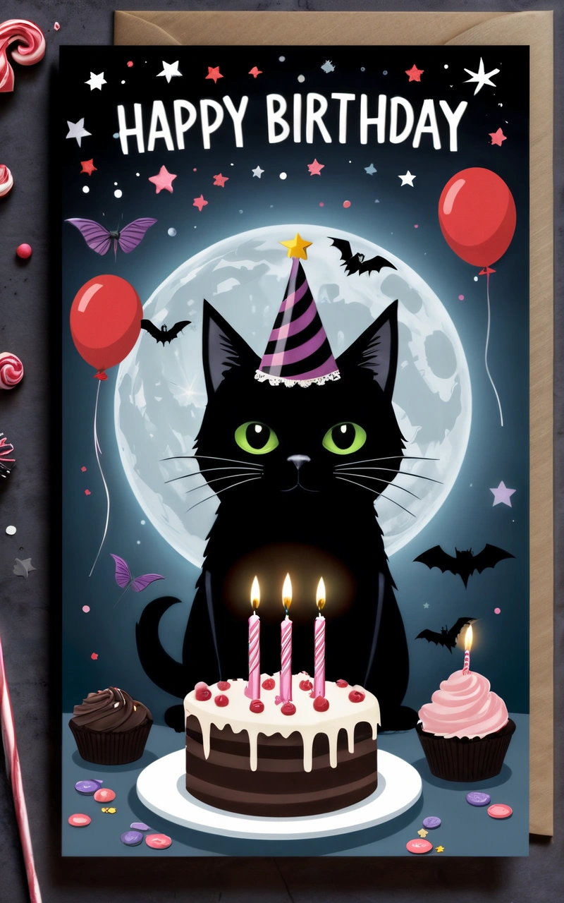 A black cat with a Birthday hat and candles on a card with a full moon in the background and a cupcake with candles on the bottom, dark background, a storybook illustration, gothic art