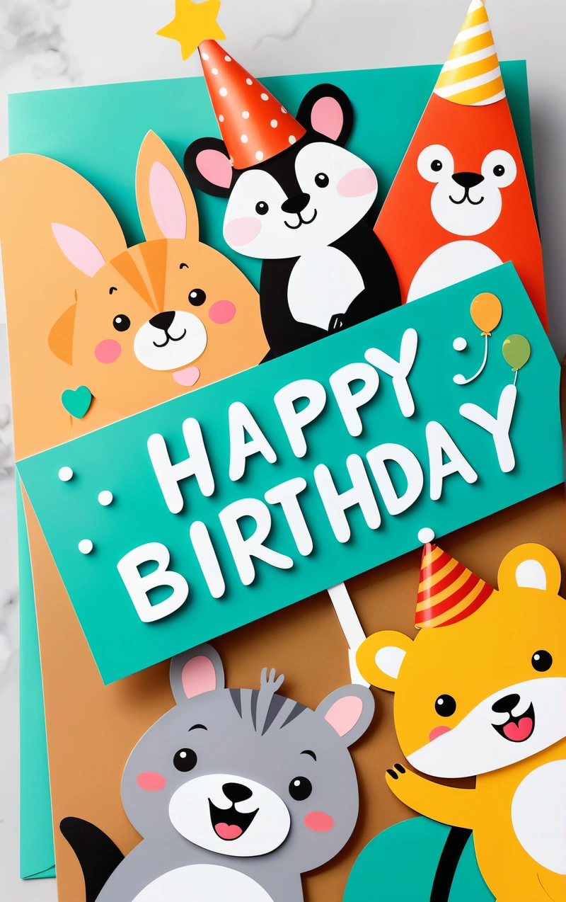 A Birthday card with a happy Birthday sign and animals on it, with a happy Birthday message in the middle of the card, and a bear and a bear and a bear and a bear, paper texture, a 3d render, furry art