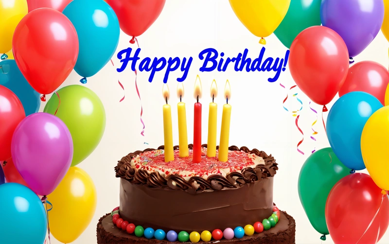 A Birthday cake with candles and balloons in the background with a happy Birthday message on it that reads happy Birthday, with a chocolate cake with candles, plain background, a pastel, american barbizon school