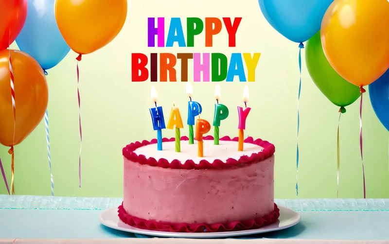 A Birthday cake with candles and balloons on a table with a green background and a happy Birthday message written on the cake topper that says happy Birthday, plain background, a pastel, american barbizon school