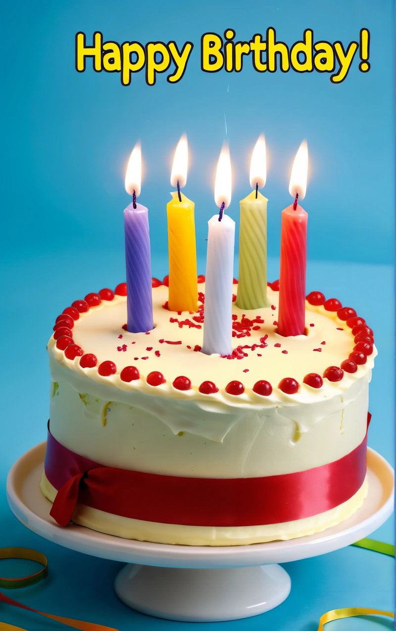 A Birthday cake with five candles on it with a happy Birthday message on the top of it and a ribbon around the bottom of the cake, candles, a pastel, dau-al-set