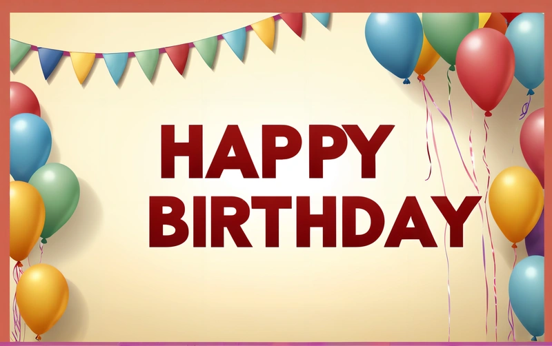 A Birthday card with balloons and streamers on a white background with a red happy Birthday message below it that reads, happy Birthday,, plain background, a pastel, international typographic style