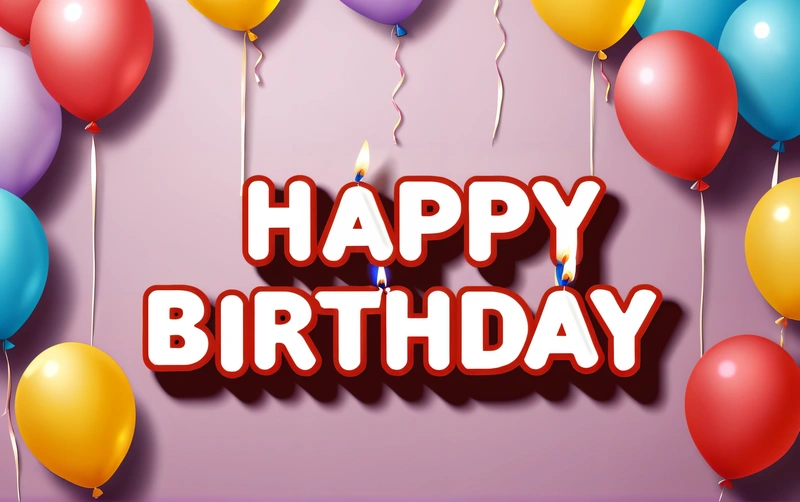 A Birthday card with balloons and a candle on it that says happy Birthday on it, with a pink background and a purple backdrop with a red and white, plain background, a 3d render, international typographic style