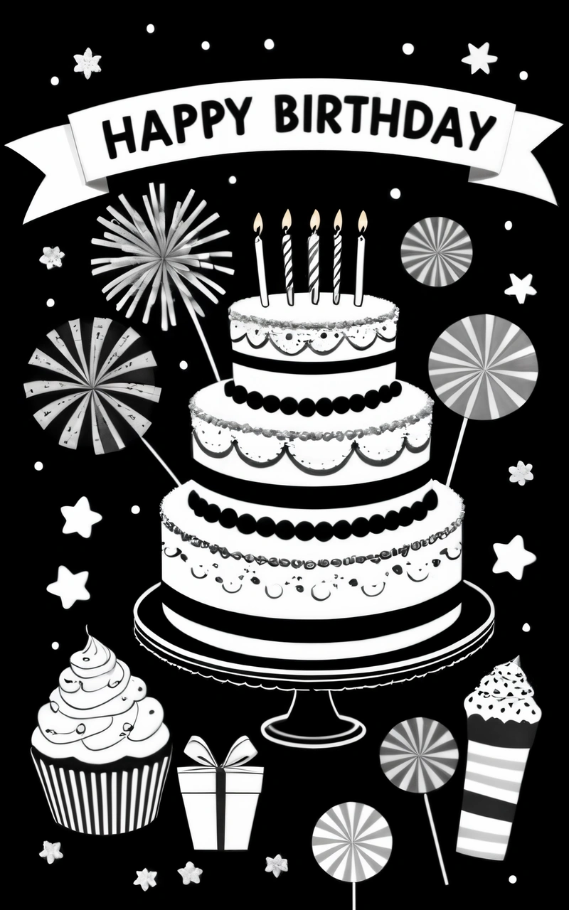 A Birthday cake with candles and decorations on it with a banner that says happy Birthday to you on it and a cupcake with candles, black background, a pastel, international typographic style