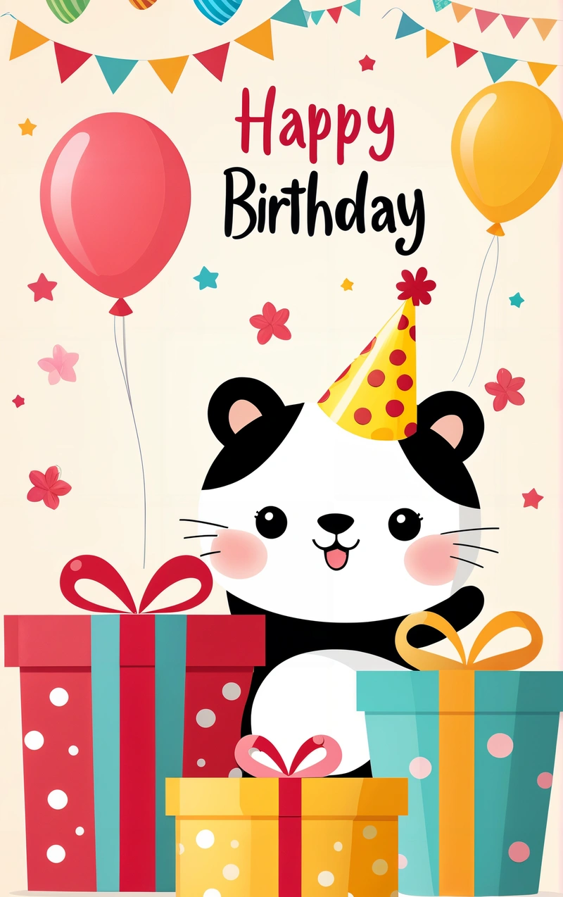 A Birthday card with a cat holding a gift box and balloons in the background with a happy Birthday message on it's front corner, plain background, a pastel, furry art