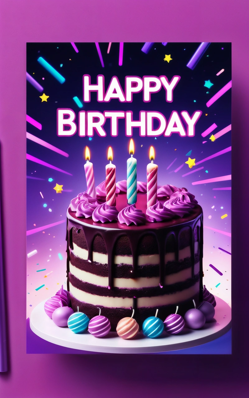 A Birthday card with a chocolate cake and candles on it with a purple background and a purple pen next to it with a purple background, purple, a pastel, international typographic style