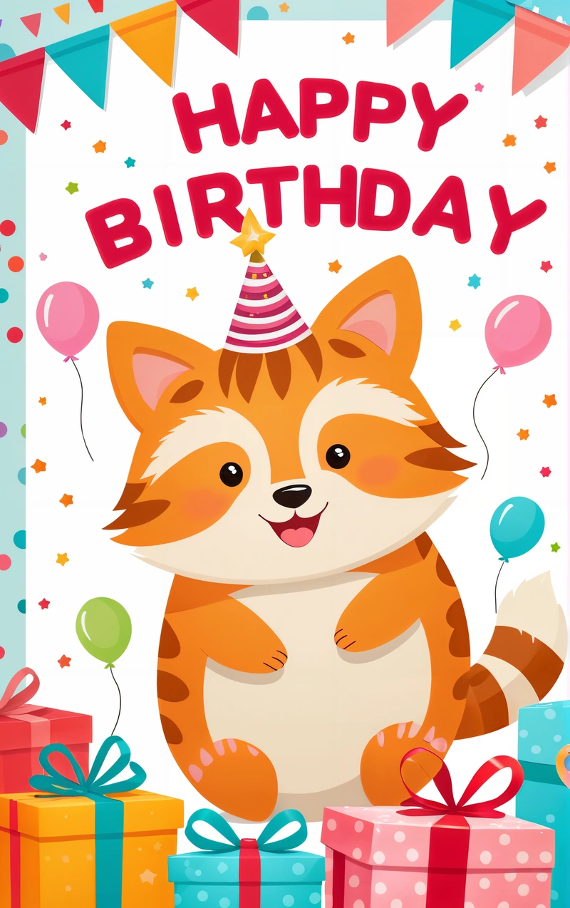 A happy Birthday card with a cartoon cat holding a gift box and a Birthday hat on it's head, with a gift box and balloons in the background, plain background, a pastel, furry art