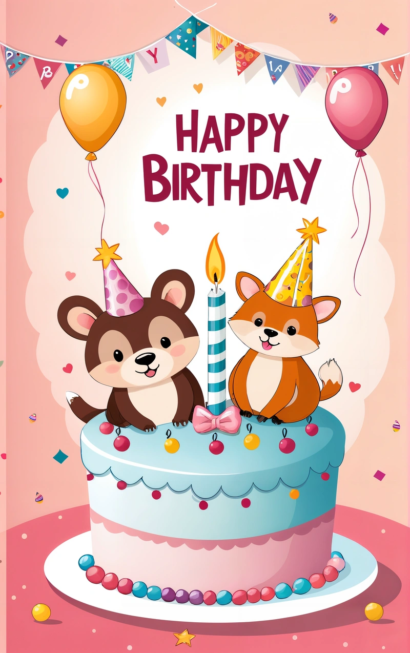 A Birthday card with two animals on a cake and a candle in the middle of the card is a happy Birthday message with a fox and a fox, plain background, a pastel, naive art