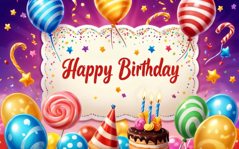 A Birthday card with a cake and balloons on it with a happy Birthday message in the middle of the card is a banner with a star and a bunch of balloons, plain background, a pastel, international typographic style