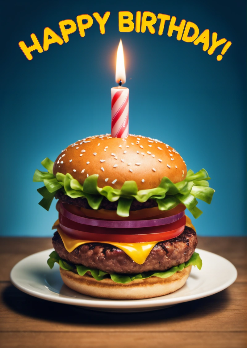 A hamburger with a lit candle on a plate with a blue background and a happy Birthday message in the middle of the picture, with a lit candle, professional food photography, a pastel, altermodern