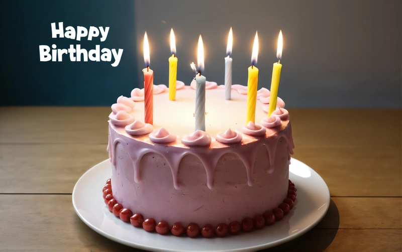 A Birthday cake with lit candles on a plate on a table with a blue background and a happy Birthday message written in the middle of the candle, candles, a pastel, international typographic style