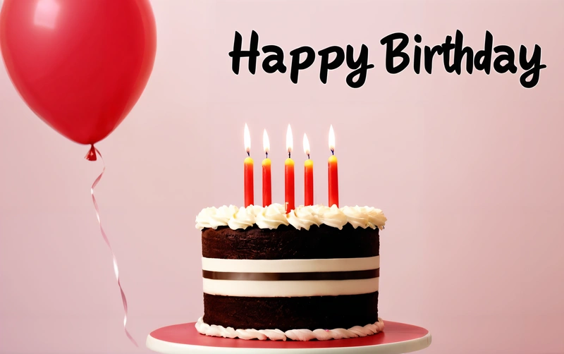 A Birthday cake with candles and a balloon on a table with a pink background that says happy Birthday to you, and a red balloon, plain background, a pastel, international typographic style