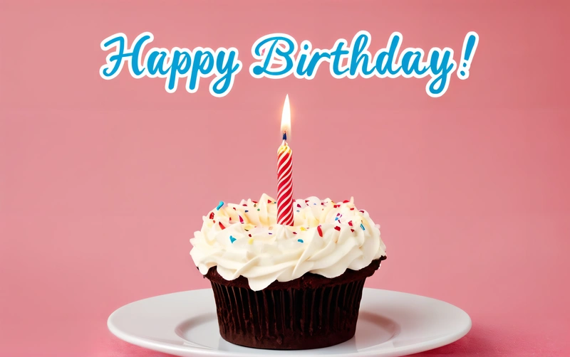 A cupcake with a candle on a plate with a pink background and a happy Birthday message in the middle of the picture, with a lit candle, plain background, a pastel, american barbizon school
