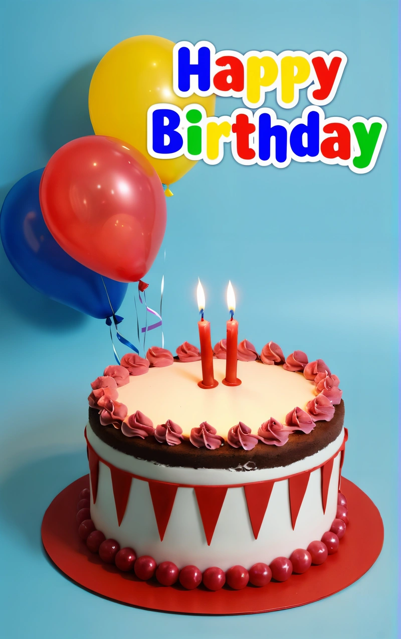 A Birthday cake with candles and balloons on a blue background with a happy Birthday message in the middle of the cake is a red and white cake, plain background, a pastel, naive art