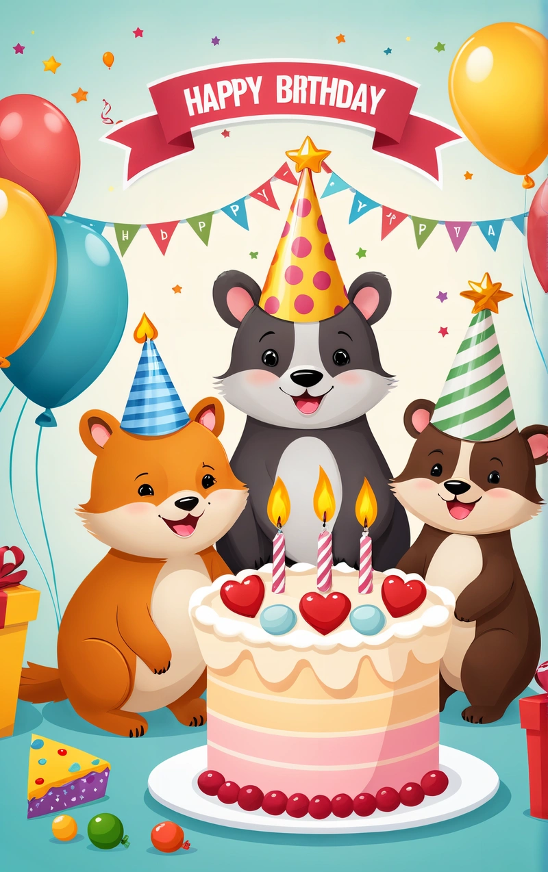 A Birthday card with a group of animals and a cake with candles on it and balloons and streamers around it, and a banner with a happy Birthday message, behance hd, a storybook illustration, naive art
