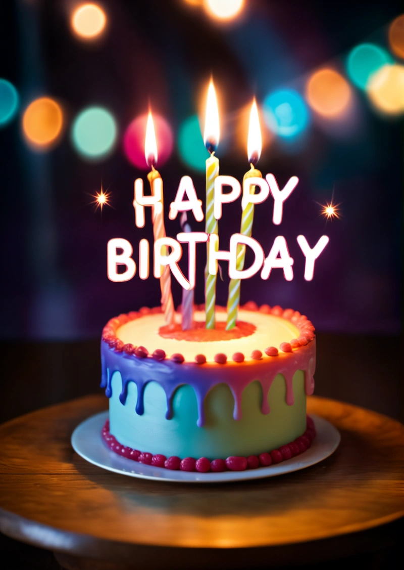 A Birthday cake with lit candles on a table with blurry lights in the background and a wooden table with a plate with a cake on it, dark background, a pastel, international typographic style