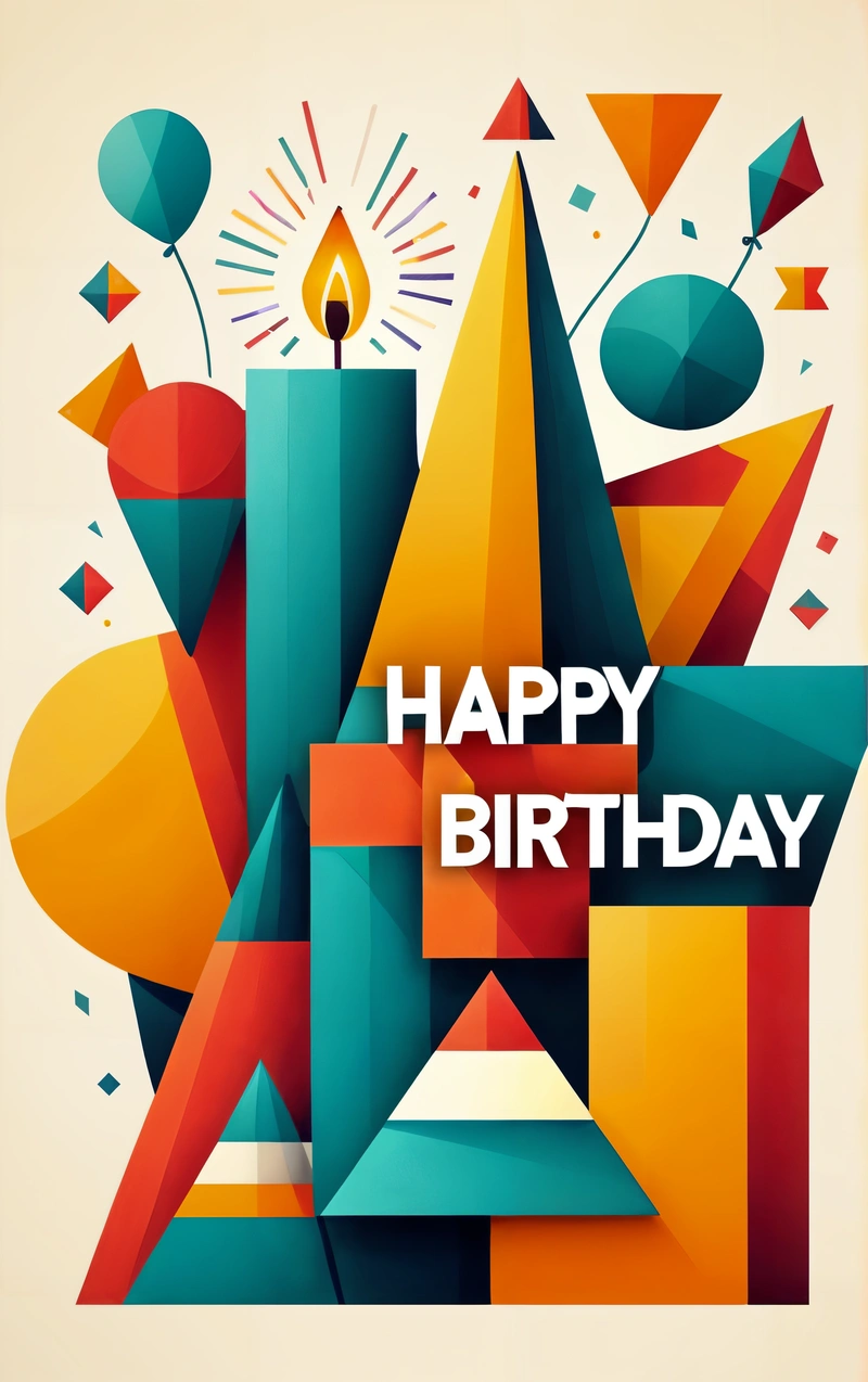 A Birthday card with a colorful design and a candle on it's side, with the words happy Birthday written in bold font below, colorful flat surreal design, vector art, international typographic style