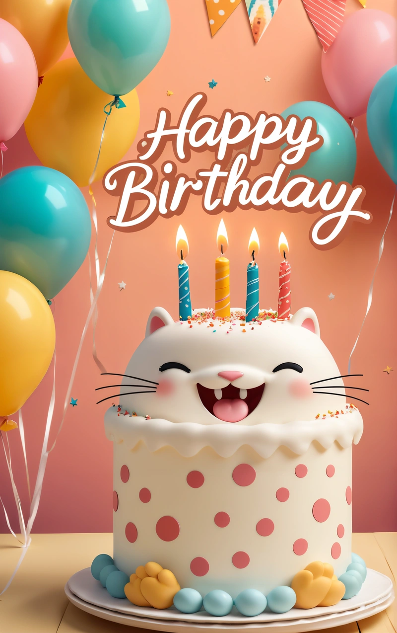 A Birthday cake with candles and a cat face on it with balloons in the background and a happy Birthday message written on the top of the cake, behance hd, a pastel, computer art