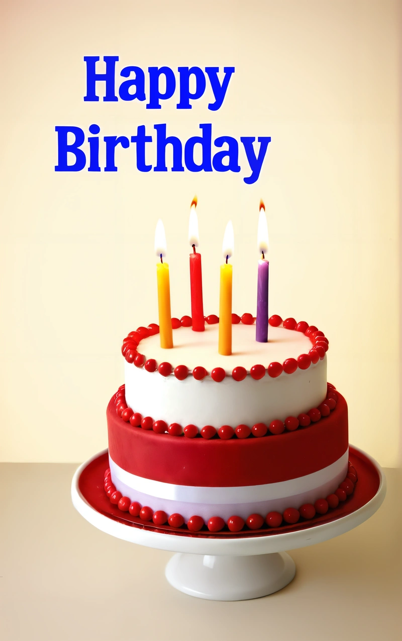 A Birthday cake with candles on a plate with a happy Birthday message on it that reads, happy Birthday, with a red and white cake with red border and white icing, plain background, a pastel, international typographic style