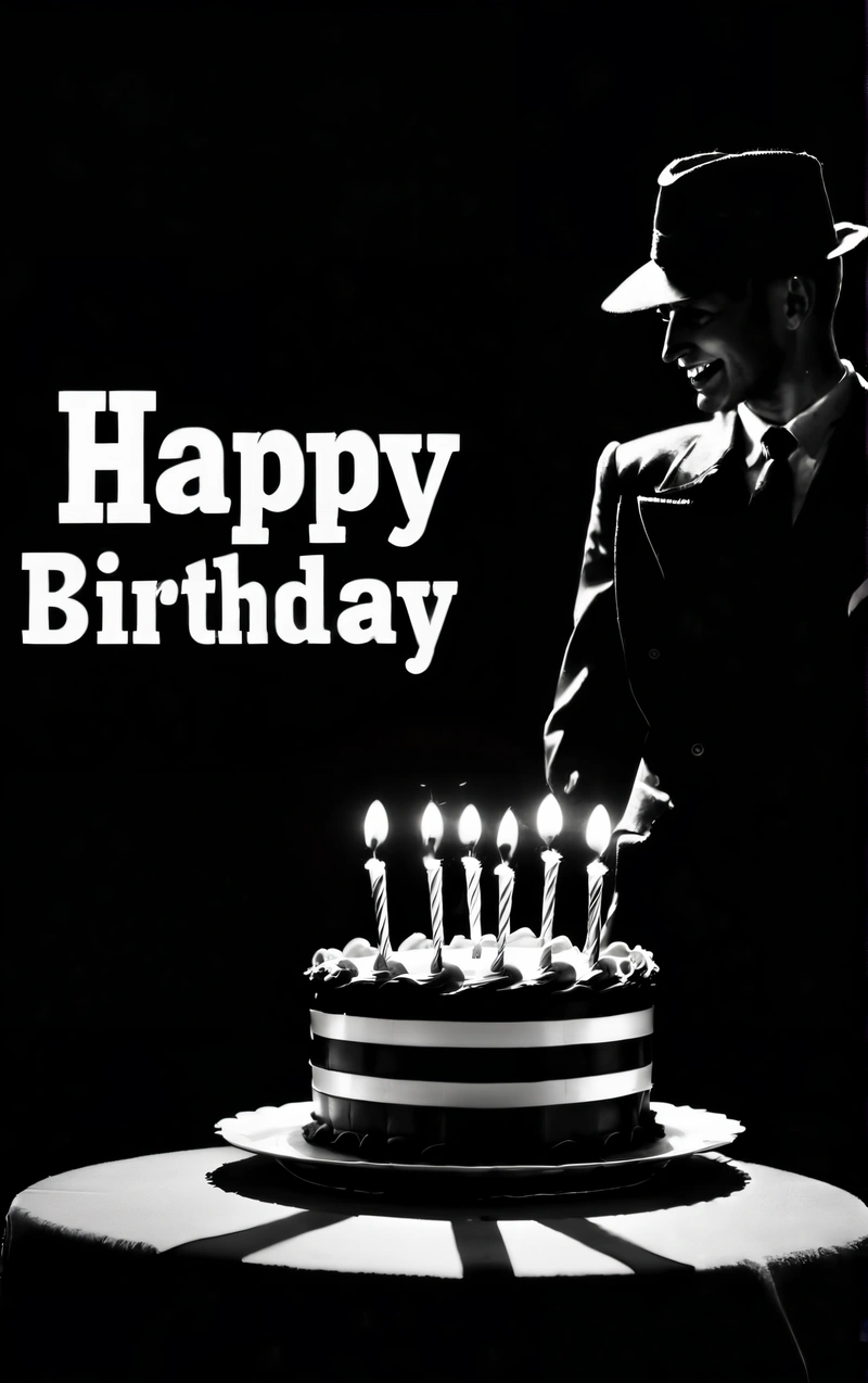 A man in a hat blowing out candles on a cake with a black background and a happy Birthday message on it with a black and white photo, poster, a pastel, international typographic style