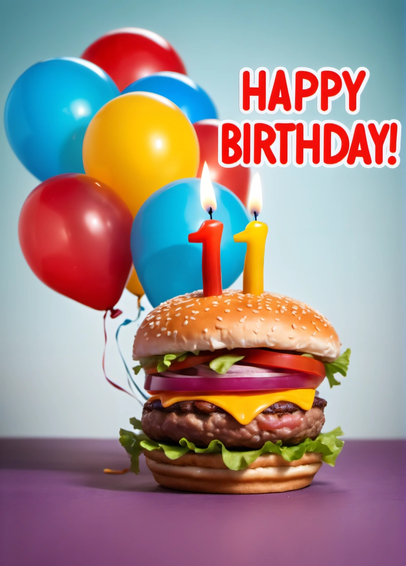 A hamburger with a candle and balloons on it with a happy Birthday message on it's side and a candle in the middle of the hamburger, professional food photography, a stock photo, altermodern