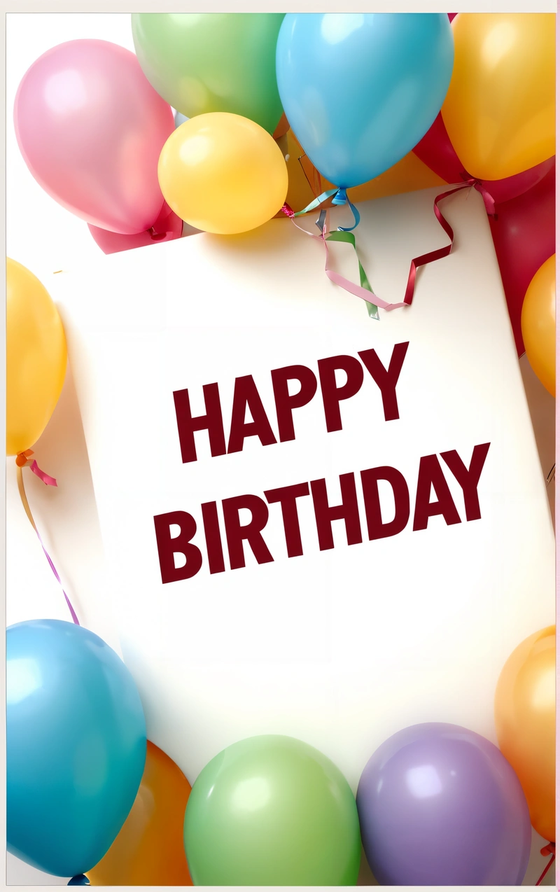 A Birthday card surrounded by balloons and streamers of helium balloons with the words happy Birthday written on it in red on a white paper, plain background, a pastel, international typographic style