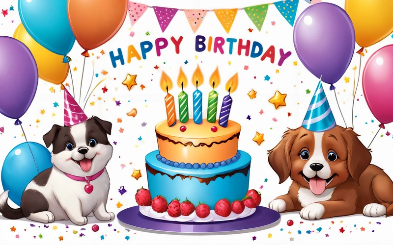 A Birthday card with two dogs and a cake with candles and balloons on it and a banner with stars and stars in the background with a dog and a Birthday cake, happy, a pastel, naive art