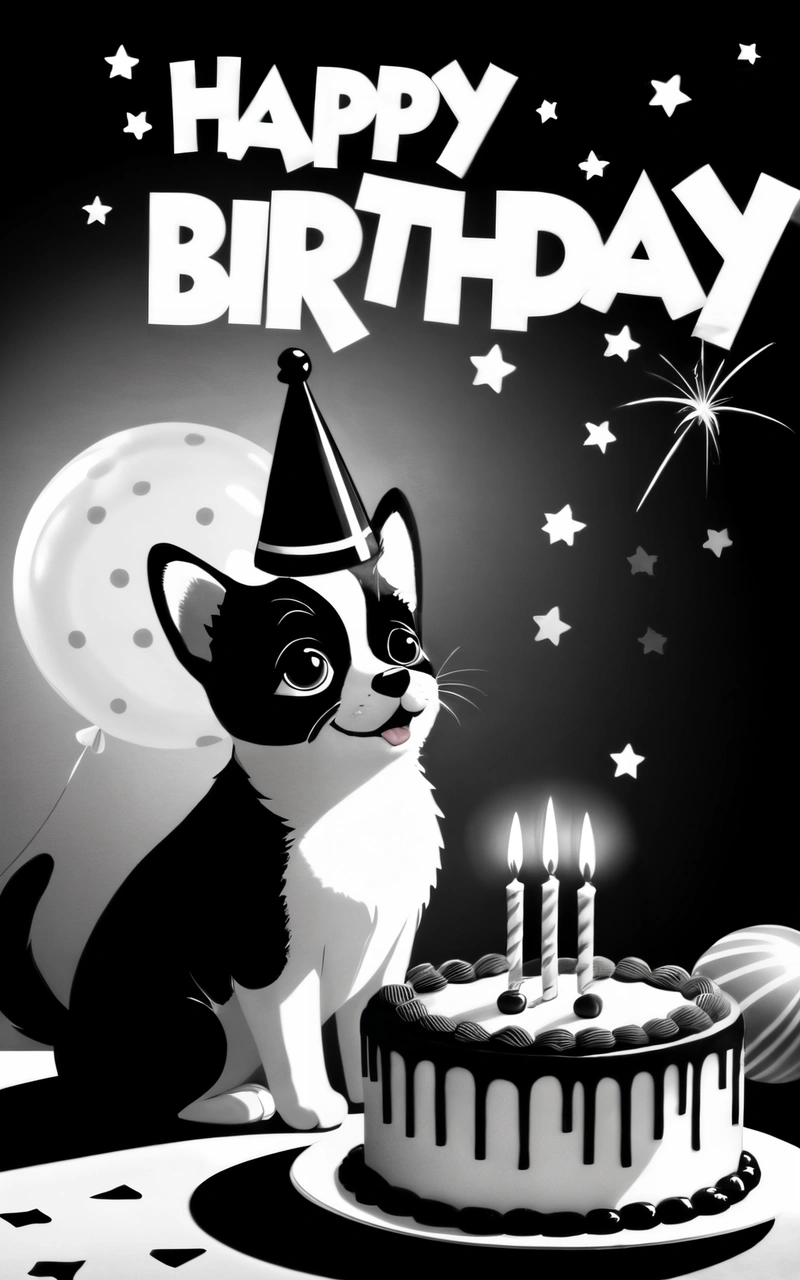 A black and white picture of a cat with a Birthday cake with candles on it and a happy Birthday message in the background with stars, grey background, a pastel, net art