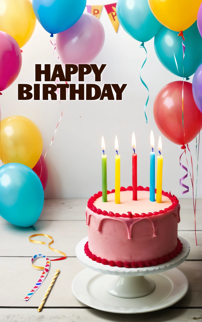 A Birthday cake with candles and balloons on a table with a white background and a white wall with a happy Birthday message on it and a few of balloons, plain background, a pastel, american barbizon school
