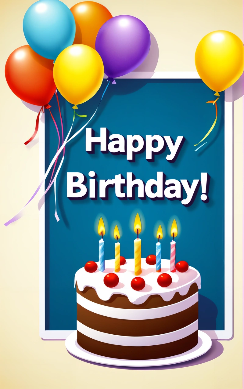 A Birthday cake with candles and balloons on a blue background with a happy Birthday sign in the middle of the frame with a message that reads happy Birthday, plain background, a screenshot, international typographic style