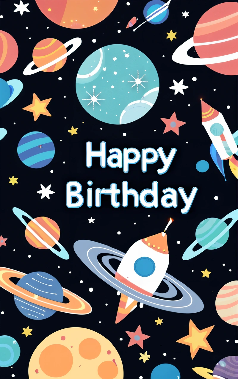 A Birthday card with a space theme and a rocket ship in the background with the words happy Birthday on it in a space theme with stars and planets, space, vector art, space art