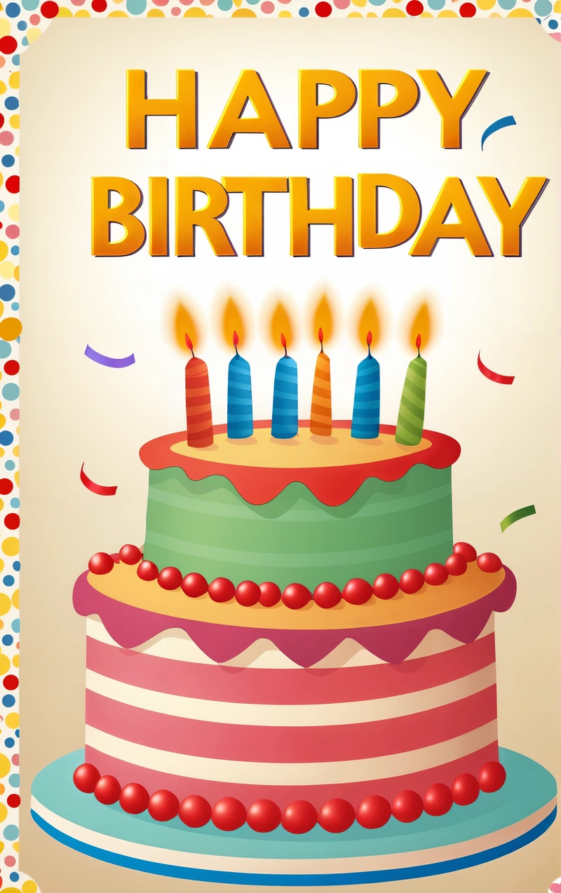 A Birthday cake with candles and confetti on it with a happy Birthday message in the middle of the card reads, happy Birthday, plain background, a pastel, american barbizon school