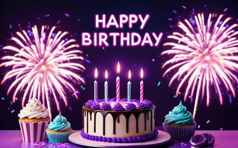 A Birthday cake with candles and cupcakes with fireworks in the background with a happy Birthday message written on it with a purple background, dark background, a pastel, computer art