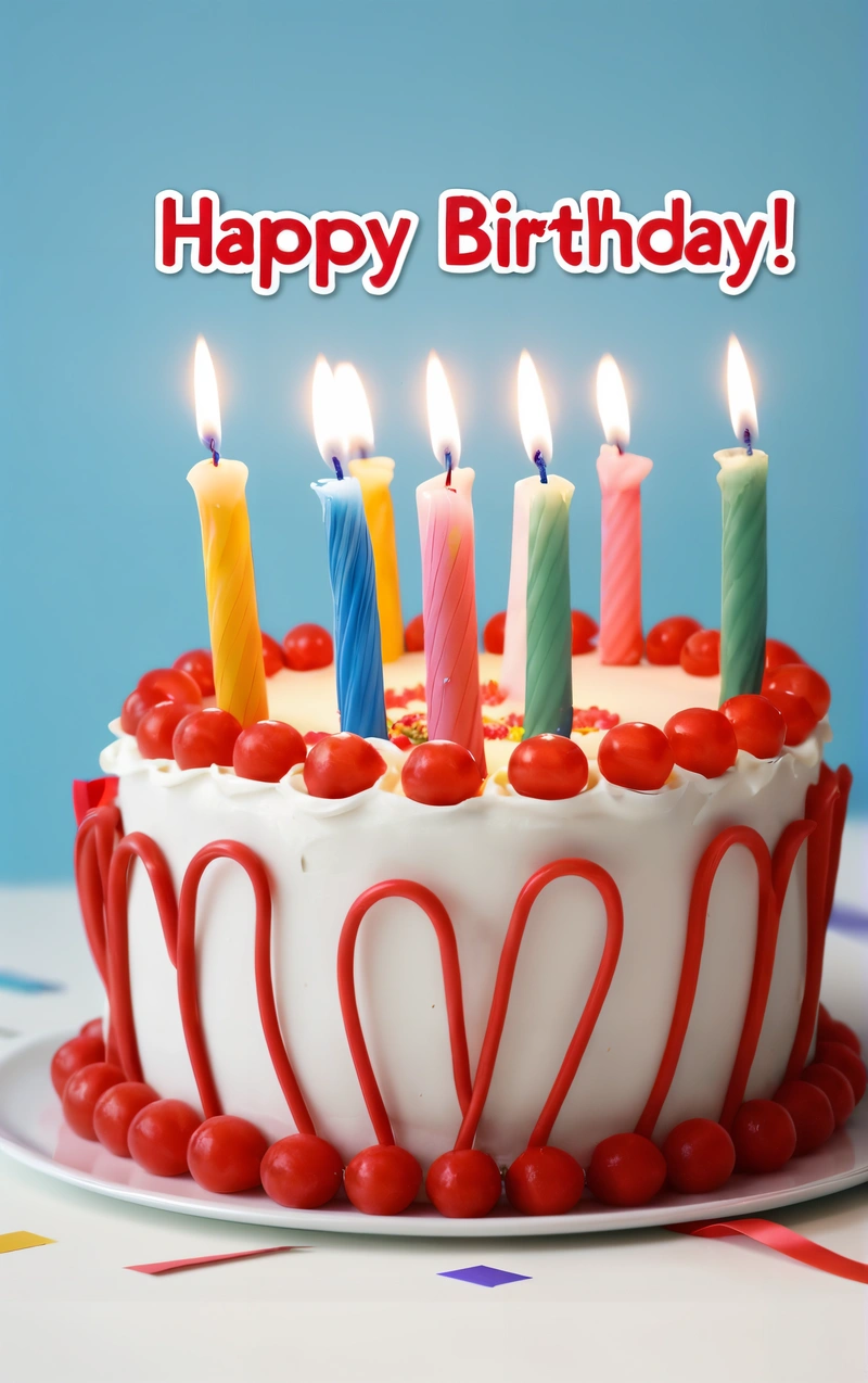 A Birthday cake with candles on it with a happy Birthday message on it's side and a blue background with a red border around the cake, plain background, a pastel, american barbizon school