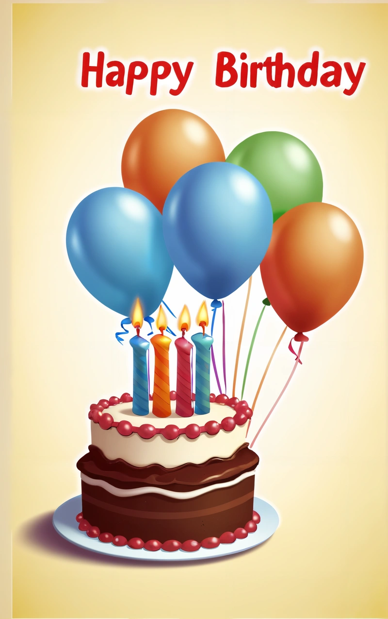 A Birthday card with a cake and balloons on it with a happy Birthday message in the middle of the card is a Birthday cake with candles and balloons, behance hd, a pastel, net art