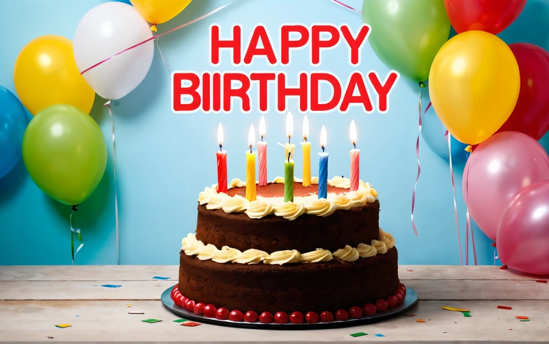 A Birthday cake with candles and balloons in the background with a happy Birthday message on it's side and a blue wall with balloons, plain background, a pastel, american barbizon school