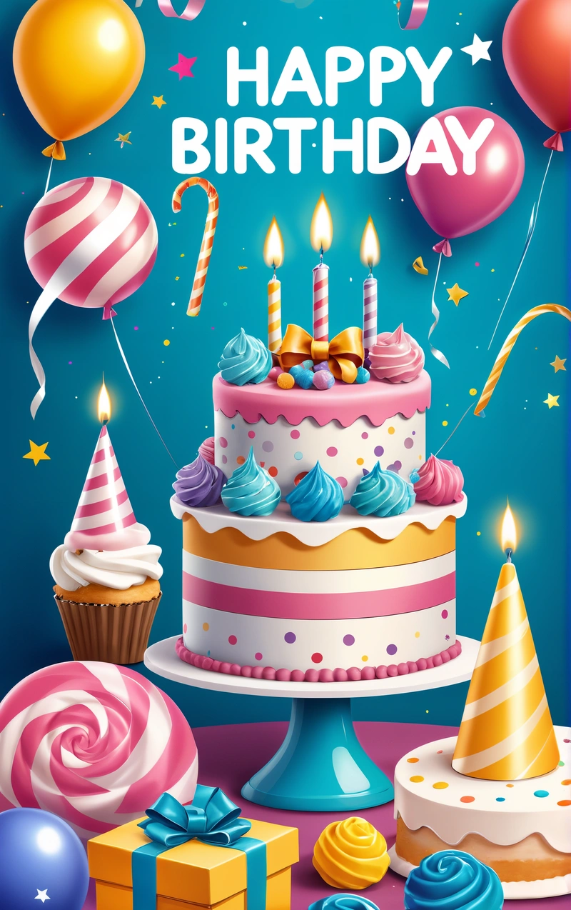 A Birthday cake with candles and balloons on a table with a blue background and a blue banner with a happy Birthday message on it and a blue background, plain background, a pastel, naive art