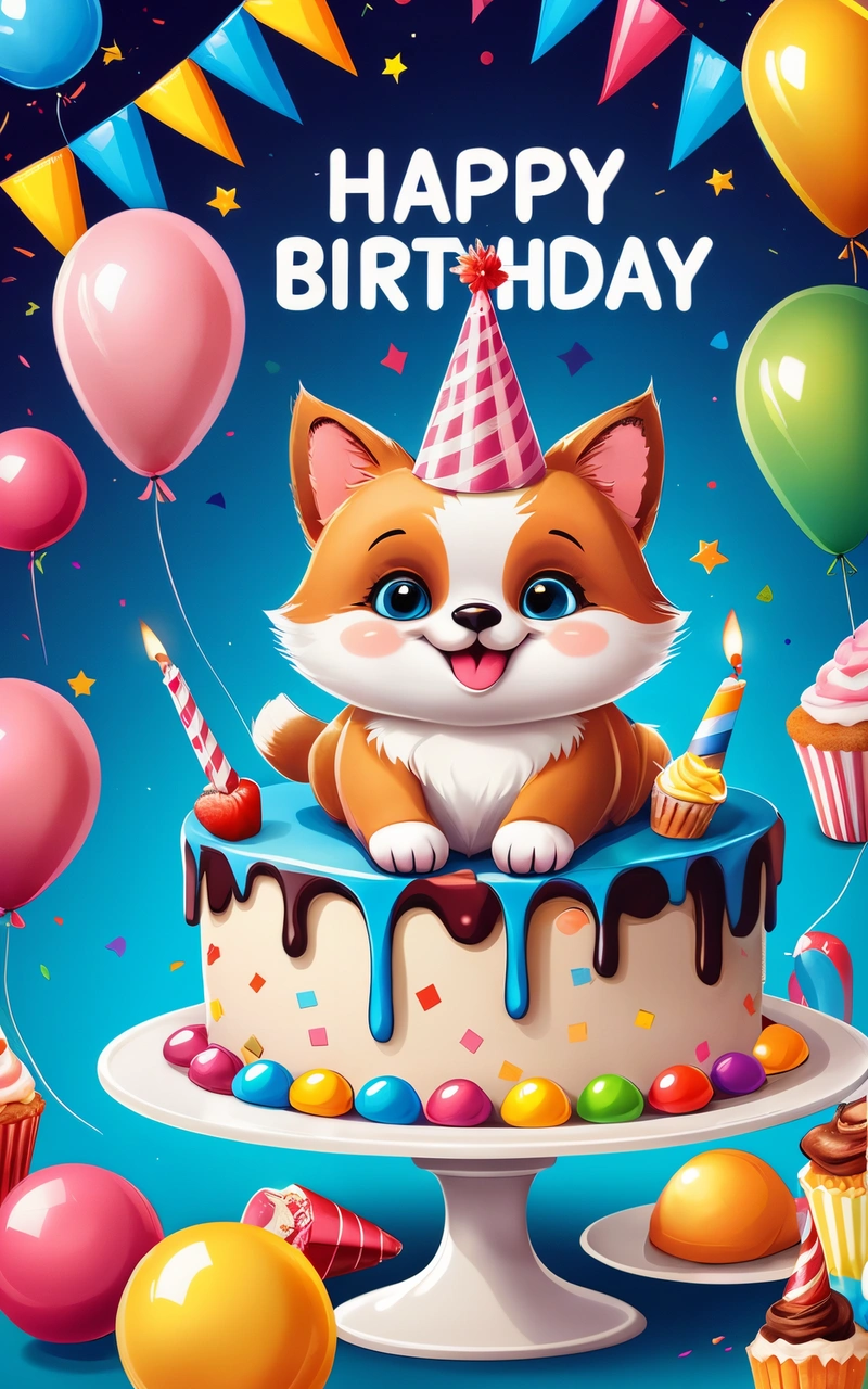 A Birthday card with a cartoon cat on a cake and balloons in the background with a happy Birthday message in the middle of the card, cute and funny, a screenshot, furry art