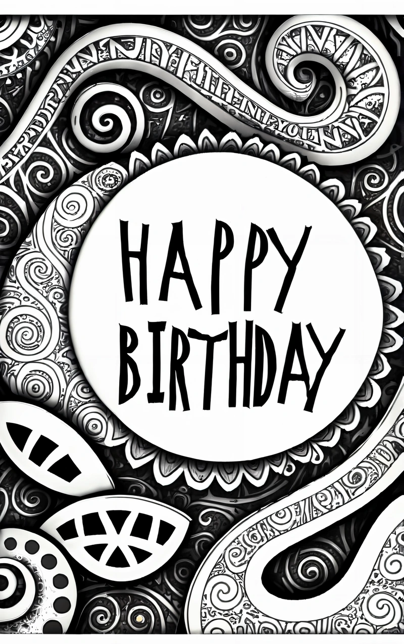 A black and white drawing of a happy Birthday card with a circle with the words happy Birthday written in it and a swirly background, behance hd, lineart, international typographic style