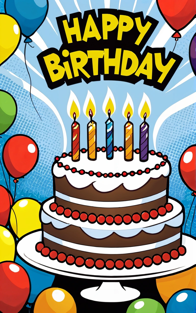 A Birthday cake with candles and balloons in the background with a happy Birthday message on it's topper and a blue background with a pop - up background, plain background, a pastel, international typographic style