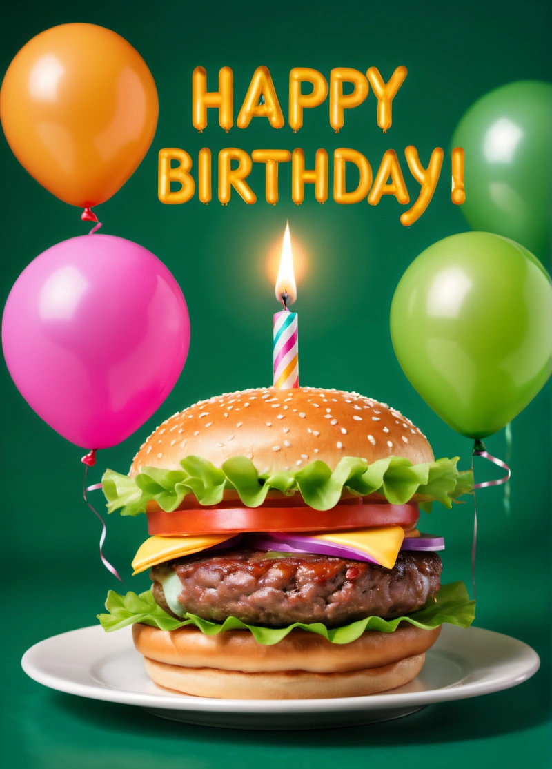 A hamburger with a candle on it with balloons and a Birthday card in the background with a candle in the middle of the hamburger and a, food photography, a digital rendering, net art