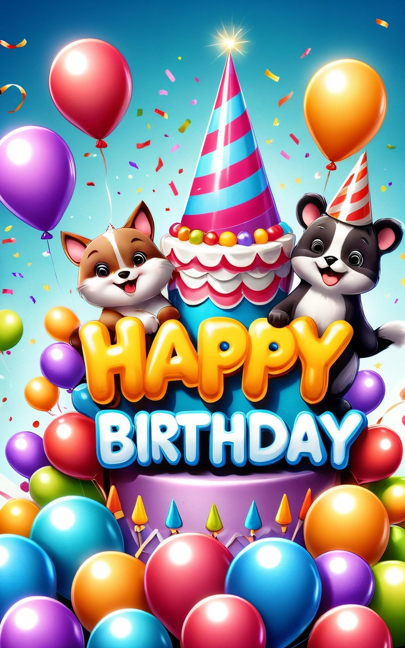 A Birthday card with a happy Birthday cake and two animals on top of it with balloons and confetti around it and a blue sky background, plain background, a digital rendering, naive art